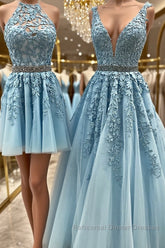 Blue Tulle Lace Semi Formal Prom Dresses, Blue Tulle Lace Formal Evening Dresses